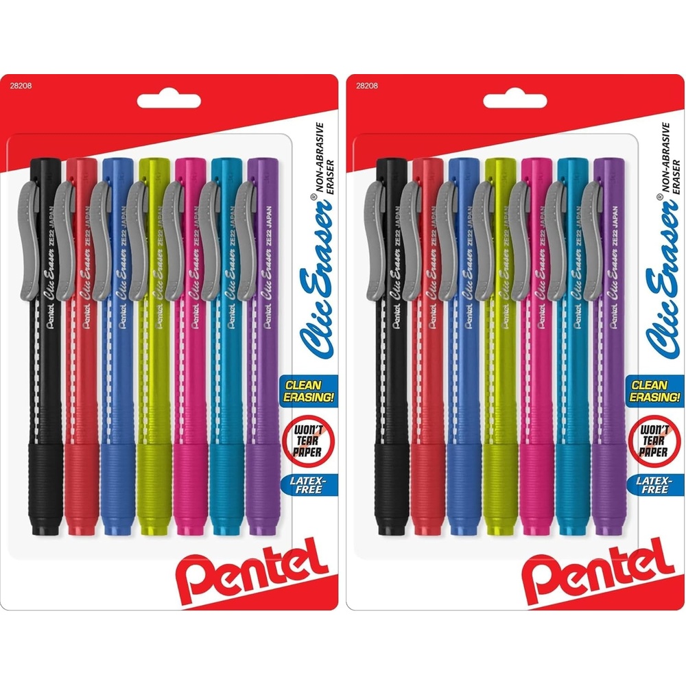image:imagePentel Clic Retractable Eraser Assorted Colored Pen Style Grip Erasers Pack of 77 Count Pack of 2