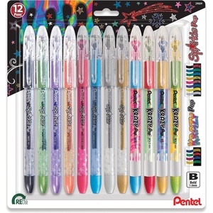 image:imagePentel Sparkle and Krazy Pop Metallic Gel Ink Pen 10mm Bold Line Assorted Ink Colors 12 count K91BP12M