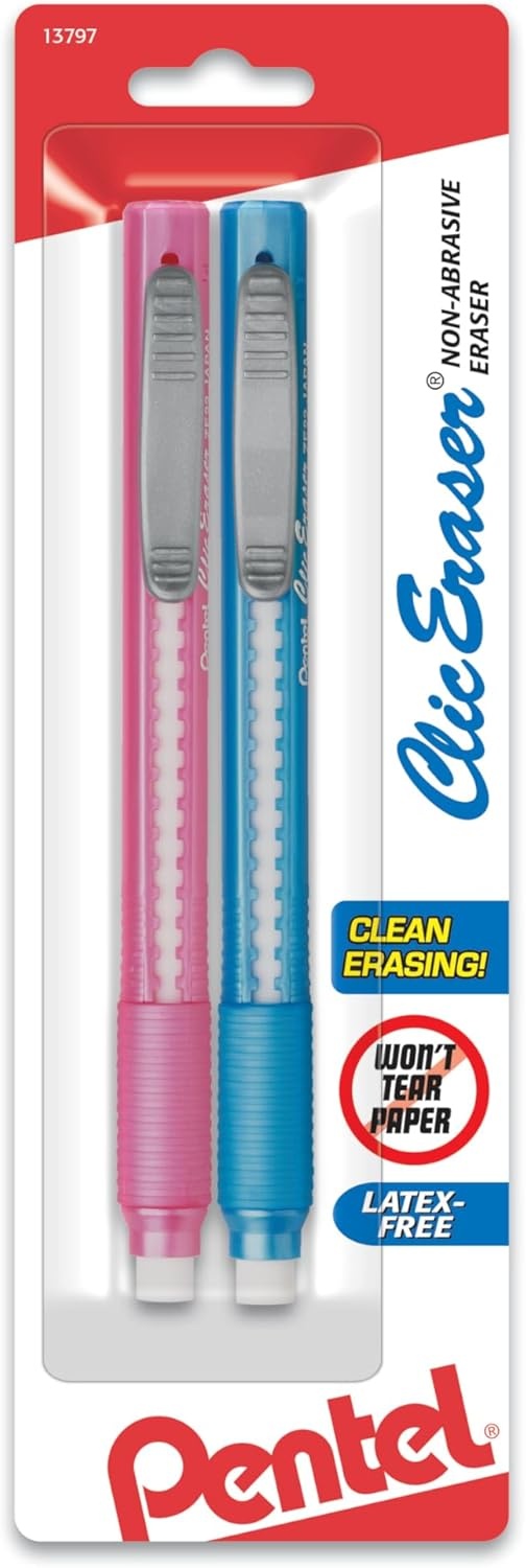 image:imagePentel Clic Retractable Eraser with Grip Assorted Barrel Colors ZE21BP3M Pack of 3Assorted