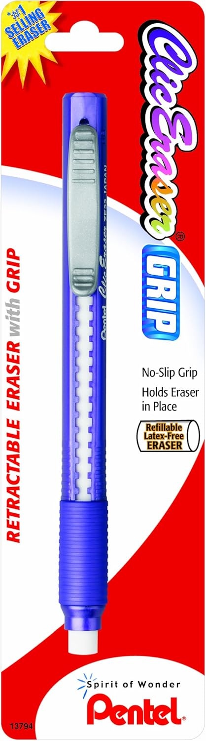 image:imagePentel Clic Retractable Eraser with Grip Assorted Barrel Colors ZE21BP3M Pack of 3Assorted