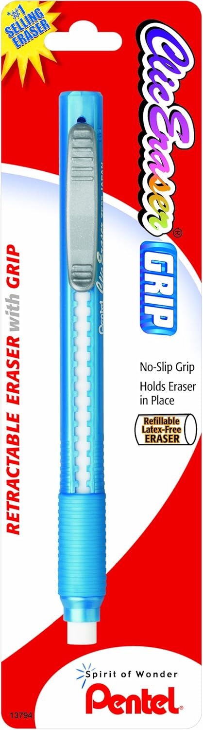 image:imagePentel Clic Retractable Eraser with Grip Assorted Barrel Colors ZE21BP3M Pack of 3Assorted