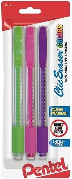 image:imagePentel Clic Retractable Eraser with Grip Assorted Barrel Colors ZE21BP3M Pack of 3Assorted Mix