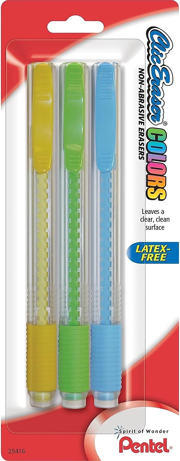 image:imagePentel Clic Retractable Eraser with Grip Assorted Barrel Colors ZE21BP3M Pack of 3Assorted Mix