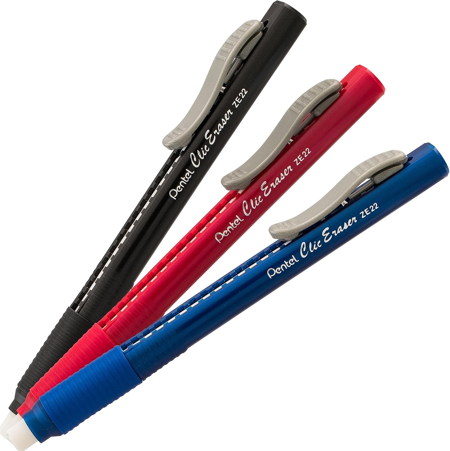 image:imagePentel Clic Retractable Eraser with Grip Assorted Barrel Colors ZE21BP3M Pack of 3Multicolor
