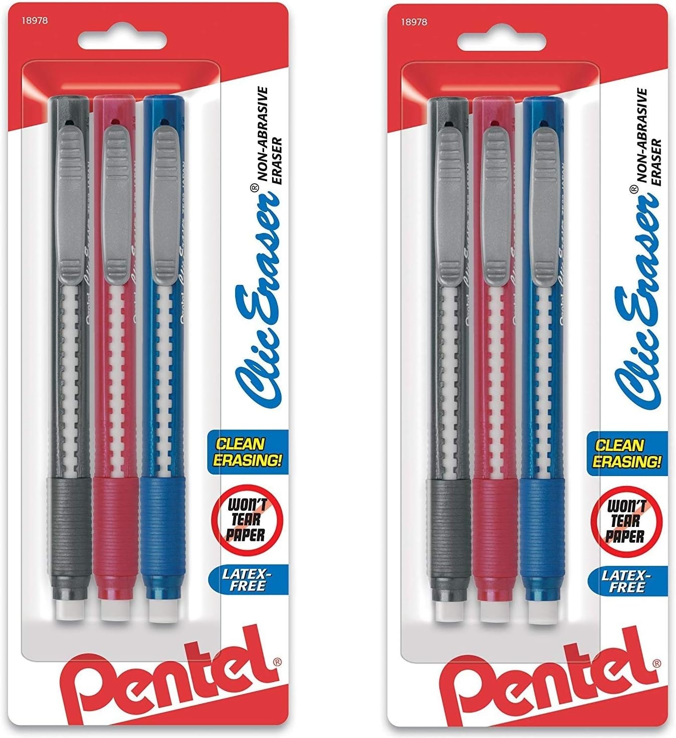 image:imagePentel Clic Retractable Eraser with Grip Assorted Barrel Colors ZE21BP3M Pack of 3Multicolor