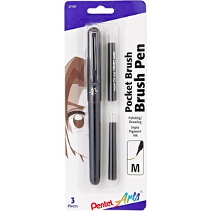 image:imagePentel Arts Pocket Brush Pigment Ink Pen wRefills  1 Pocket Brush Pen 2 Pigment Ink Refills  Sepia GFKP3BPSP Black
