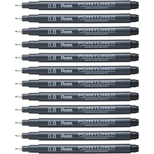 image:imagePentel Arts Pointliner Drawing Pen 08mm Black Ink Box of 12 Pens S20P8A