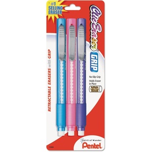 image:imagePentel Clic Retractable Eraser with Grip Assorted Barrel Colors ZE21BP3M Pack of 3Assorted Mix