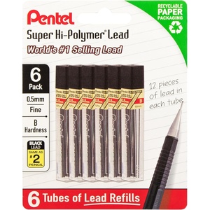 image:imagePentel Super HiPolymer Lead Refills 05 mm 2H 72 Pieces 12 pcs per tube 6 tubesB