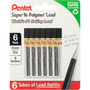 image:imagePentel Super HiPolymer Lead Refills 05 mm 2H 72 Pieces 12 pcs per tube 6 tubesH