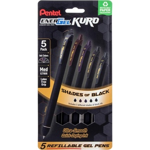 image:imagePentel EnerGel Kuro Retractable Liquid Gel Pen Shades of Black 07mm tip Assorted black ink Pack of 5 pens BL437PF5MAPack of 1