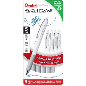 image:imagePentel Floatune Retractable Rollerball 10mm Bold Point Blue Ink 5pk BY210PF5CBlue