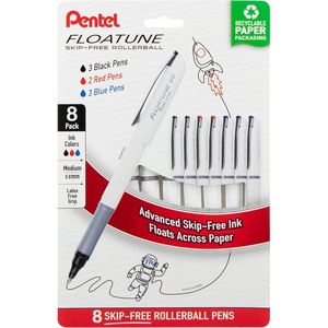 image:imagePentel Floatune Rollerball 08mm medium point Black Ink Pack of 8 pens BY108PF8ABlack  Red  Blue