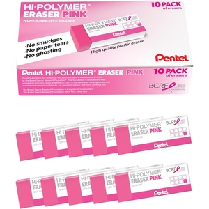 image:imagePentel HiPolymer Pink Block Eraser 10Ct Box  BCRF Pink Ribbon ZEH10PC10BC
