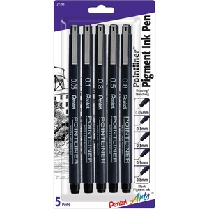 image:imagePentel Arts Pointliner Drawing Pen 5Pack Assorted Sizes Black Ink S20PBP5A