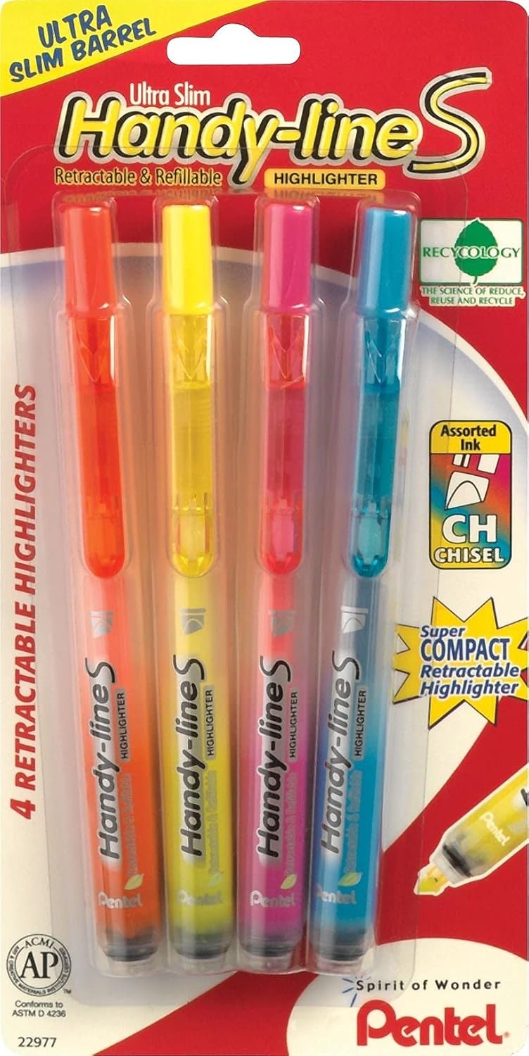 image:imagePentel HandyLine S Retractable Highlighter Chisel Tip Assorted Ink Colors 4 Pack SXS15BP4M