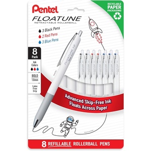 image:imagePentel Floatune Retractable Rollerball 10mm Bold Point Black Red and Blue Ink 8pk BY210PF8OFC