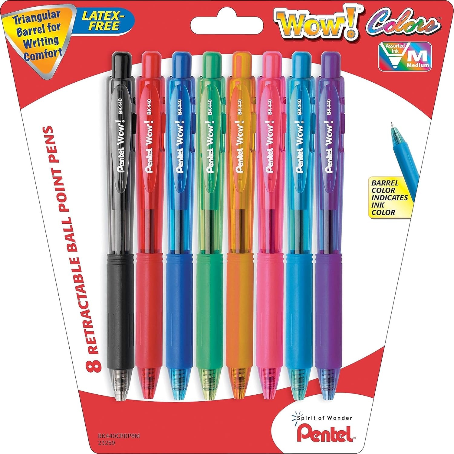 image:imagePentel Products  Pentel  WOW Ballpoint Retractable Pen Assorted Ink Medium 8 per Pack  Sold As 1 Pack  Triangular barrel  Latexfree comfort grip  Tip advances from back and retracts from side  Metal tip increases durability 