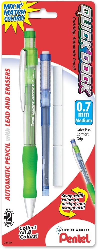image:imagePentel Quick Dock Colors 07mm Medium Line 1 Pencil 1 Refill Cartridge and 3 Erasers Assorted Barrel and Cartridge Colors QD7LECRBP