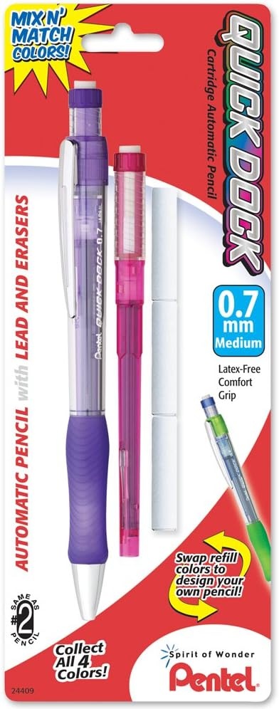 image:imagePentel Quick Dock Colors 07mm Medium Line 1 Pencil 1 Refill Cartridge and 3 Erasers Assorted Barrel and Cartridge Colors QD7LECRBP
