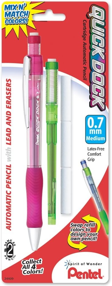 image:imagePentel Quick Dock Colors 07mm Medium Line 1 Pencil 1 Refill Cartridge and 3 Erasers Assorted Barrel and Cartridge Colors QD7LECRBP