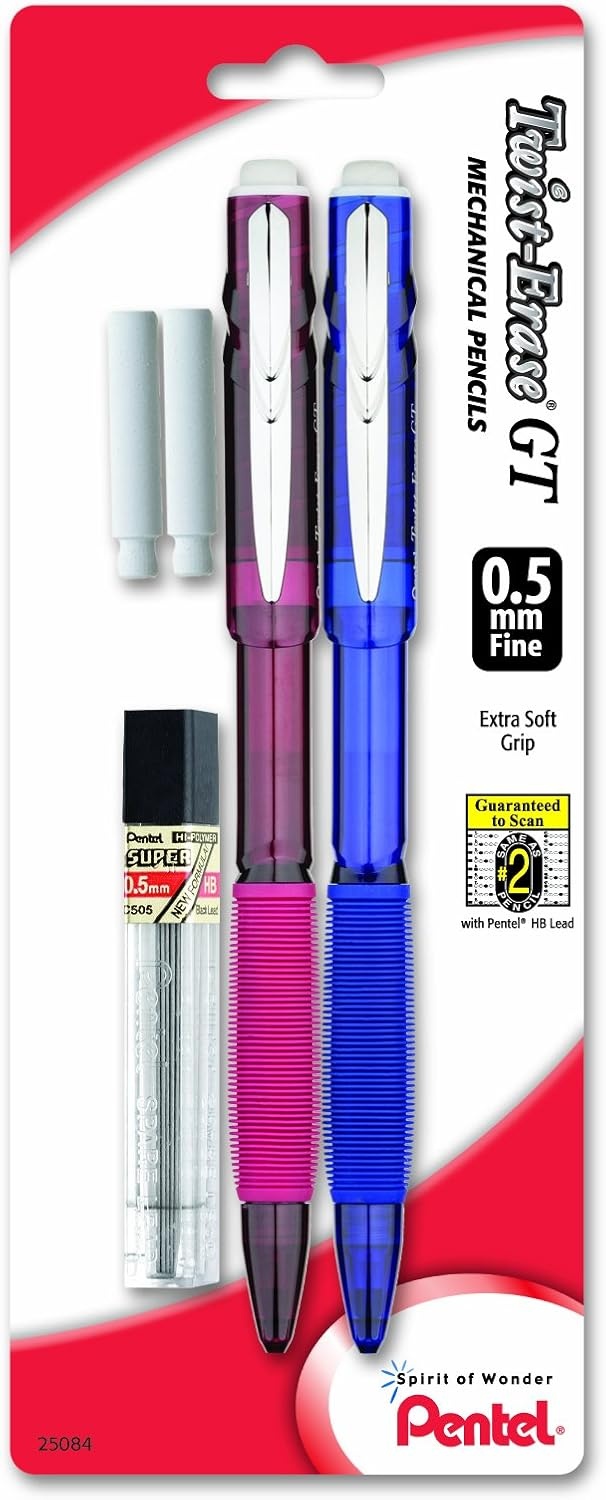 image:imagePentel TwistErase GT 05mm Mechanical Pencil Lead 2 Erasers Assorted Barrel Colors Color May Vary Pack of 2 QE205LEBP2M