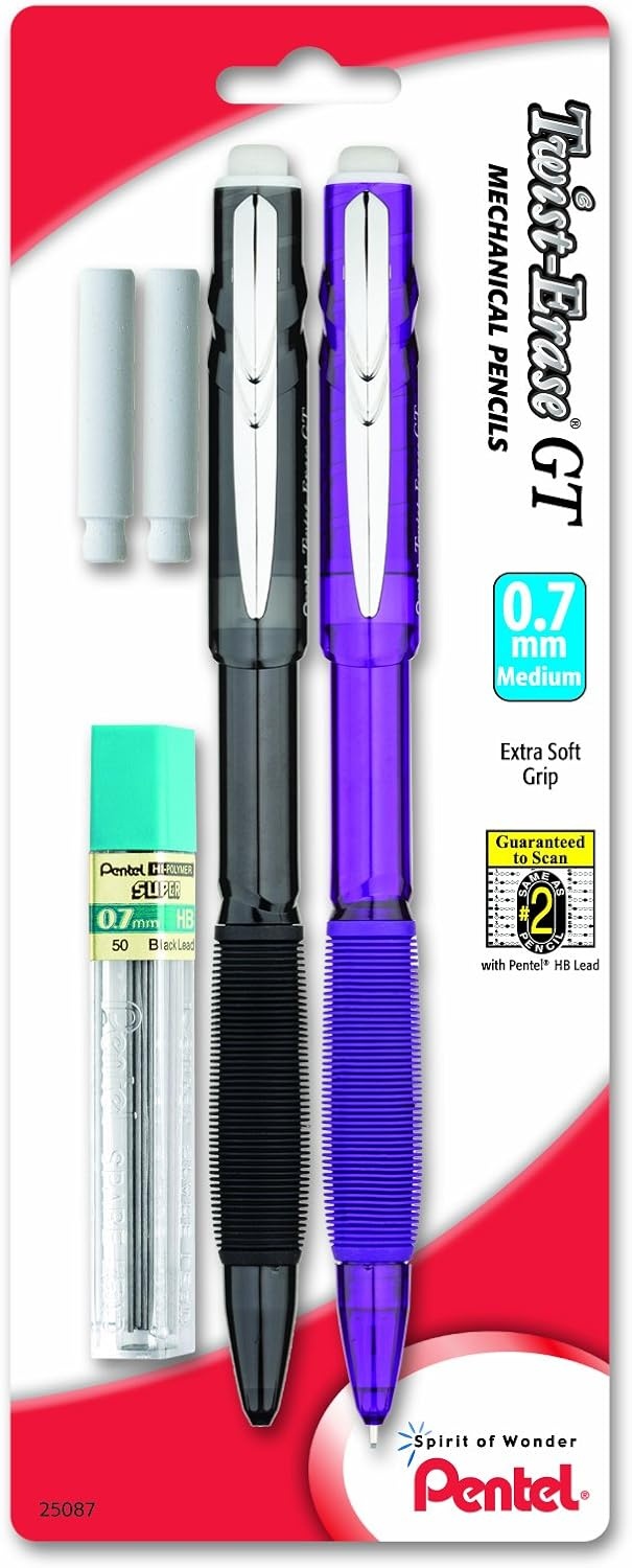 image:imagePentel TwistErase GT 07mm Mechanical Pencil Lead 2 Erasers Assorted Barrel Colors Color May Vary Pack of 2 QE207LEBP2M