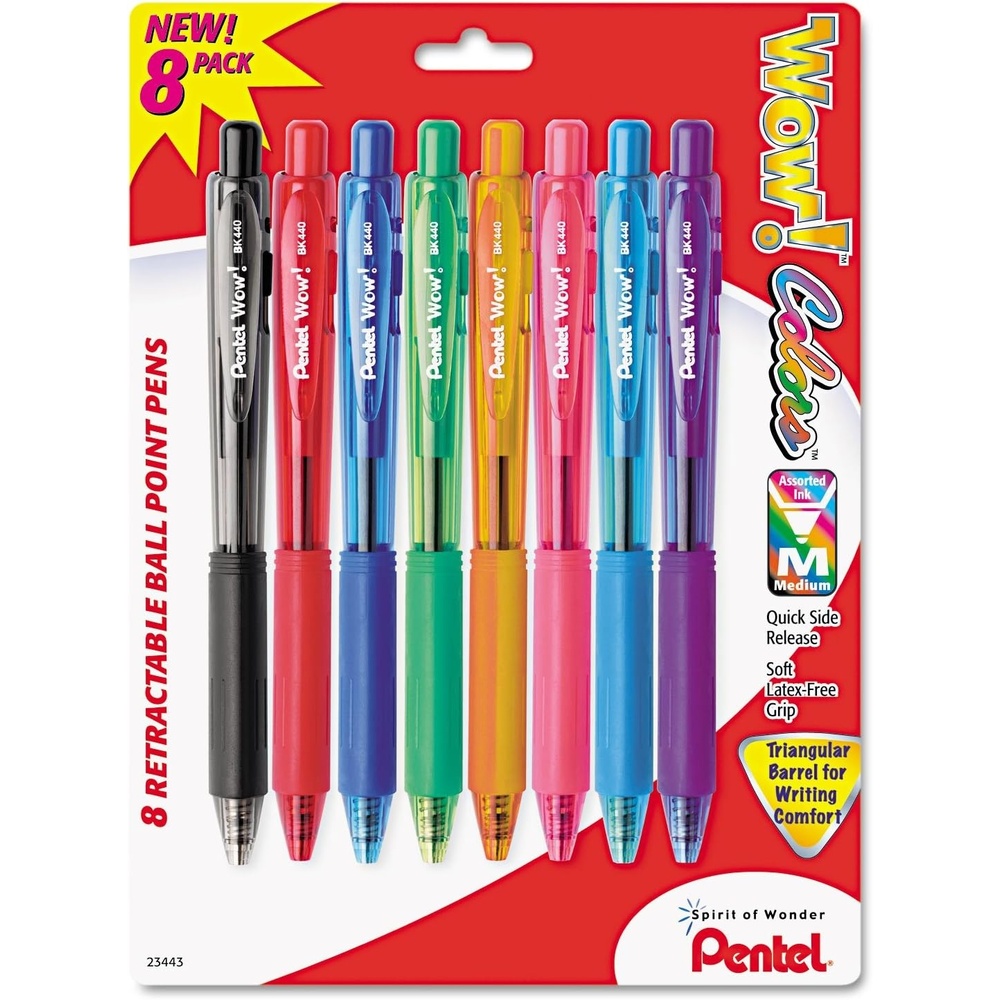 image:imagePentel Products  Pentel  WOW Ballpoint Retractable Pen Assorted Ink Medium 8 per Pack  Sold As 1 Pack  Triangular barrel  Latexfree comfort grip  Tip advances from back and retracts from side  Metal tip increases durability 