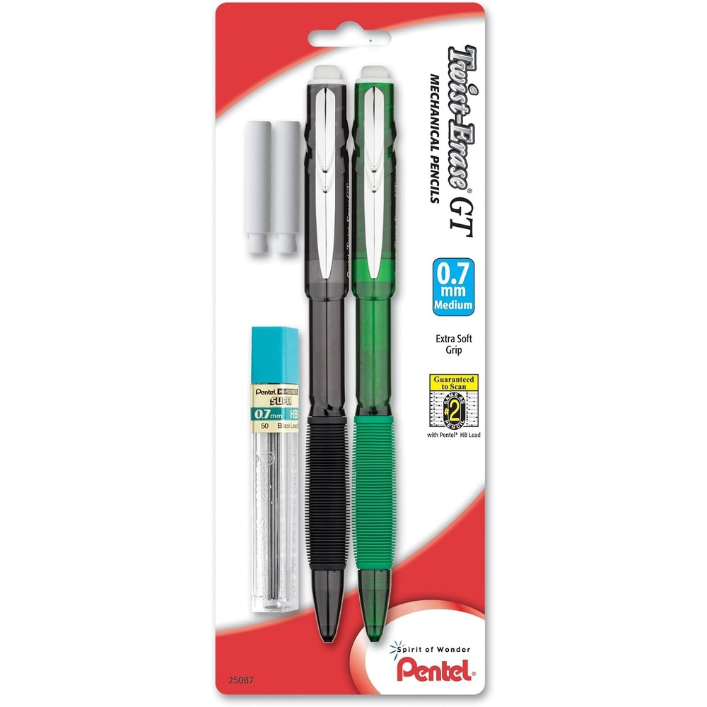 image:imagePentel TwistErase GT 07mm Mechanical Pencil Lead 2 Erasers Assorted Barrel Colors Color May Vary Pack of 2 QE207LEBP2M