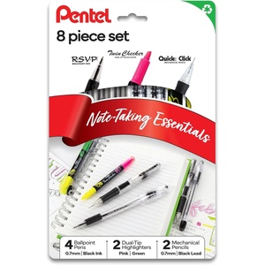 image:imagePentel Note Taking Essentials 8 pack  4 black RSVP 07mm ballpoint pens 2 Twin Checker Highlighters 2 Quick Click 07mm Mechanical Pencils