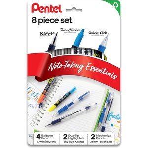image:imagePentel Note Taking Essentials 8 pack  4 blue RSVP 07mm ballpoint pens 2 Twin Checker Highlighters 2 Quick Click 05mm Mechanical Pencils