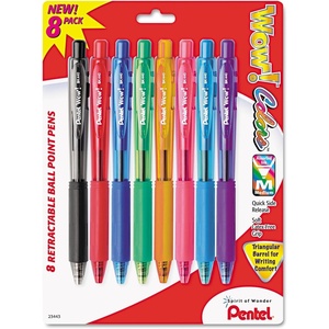 image:imagePentel Products  Pentel  WOW Ballpoint Retractable Pen Assorted Ink Medium 8 per Pack  Sold As 1 Pack  Triangular barrel  Latexfree comfort grip  Tip advances from back and retracts from side  Metal tip increases durability 