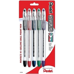 image:imagePentel RSVP Ballpoint Pens Fine Point 07 mm Clear Barrel Assorted Ink Colors Pack Of 5