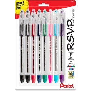 image:imagePentel RSVP Original Ballpoint Pen 07mm Fine Line Assorted Ink Colors Clear Barrel 8 Pack with Bonus Black Ink Pen