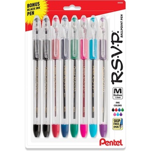 image:imagePentel RSVP Original Ballpoint Pen 10mm Medium Line Assorted Ink Colors Clear Barrel 8 Pack with Bonus Black Ink Pen