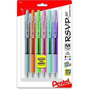 image:imagePentel RSVP RT Pastel Barrel Retractable Ballpoint Pen 10mm Med Assorted Ink 6Pk