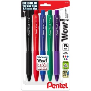 image:imagePentel Wow Retractable Ballpoint Pen 14mm Bold Line Assorted Ink Colors 5 Pack
