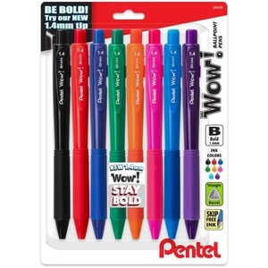 image:imagePentel Wow Retractable Ballpoint Pen 14mm Bold Line Assorted Ink Colors 8 Pack BK444BP8M