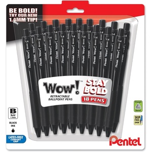image:imagePentel Wow Retractable Ballpoint Pen 14mm Bold Line Blue Ink Pack of 18 BK444BP18CBlack