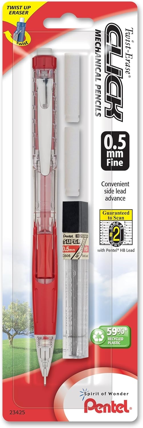 image:imagePentel Twist Erase Click Automatic Pencil with 2 Eraser Refills and Lead 09 mm Assorted Barrels Color May Vary 2 Pack PD279TLEBP2Assorted