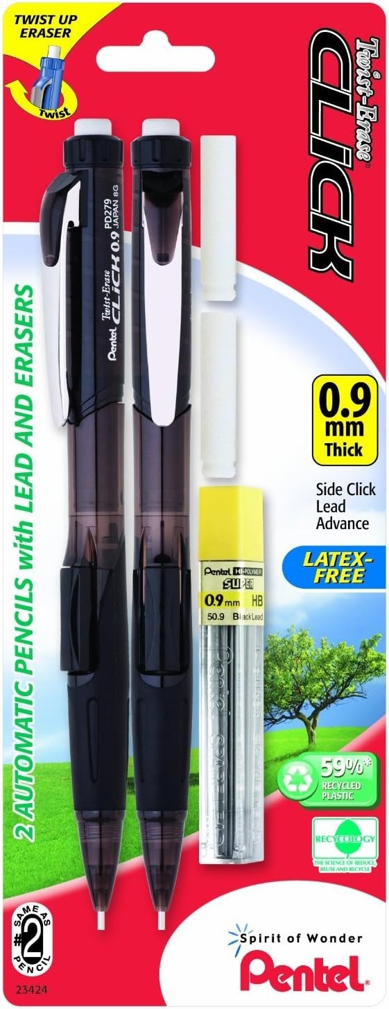 image:imagePentel Twist Erase Click Automatic Pencil with 2 Eraser Refills and Lead 09 mm Assorted Barrels Color May Vary 2 Pack PD279TLEBP2Assorted