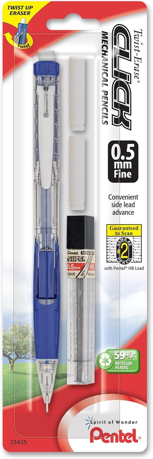image:imagePentel Twist Erase Click Automatic Pencil with 2 Eraser Refills and Lead 09 mm Assorted Barrels Color May Vary 2 Pack PD279TLEBP2Assorted