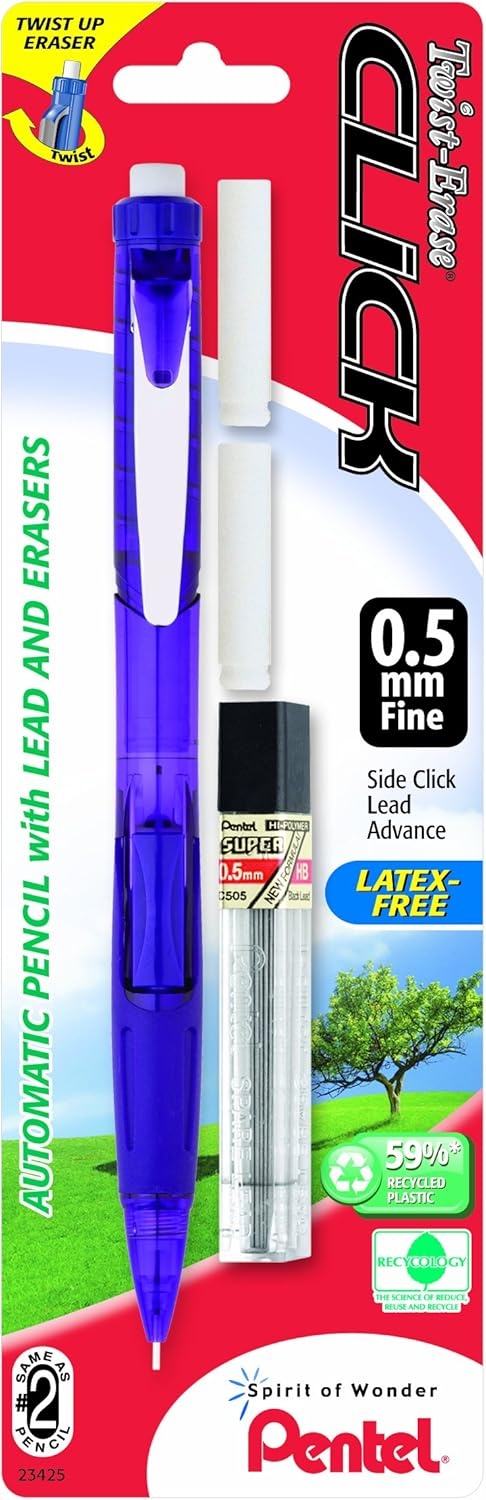 image:imagePentel Twist Erase Click Automatic Pencil with 2 Eraser Refills and Lead 09 mm Assorted Barrels Color May Vary 2 Pack PD279TLEBP2Assorted
