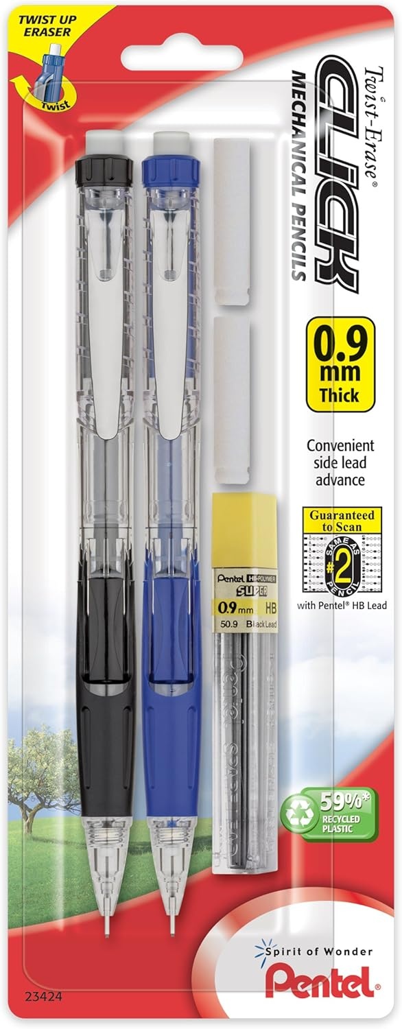 image:imagePentel Twist Erase Click Automatic Pencil with 2 Eraser Refills and Lead 09 mm Assorted Barrels Color May Vary 2 Pack PD279TLEBP2Assorted