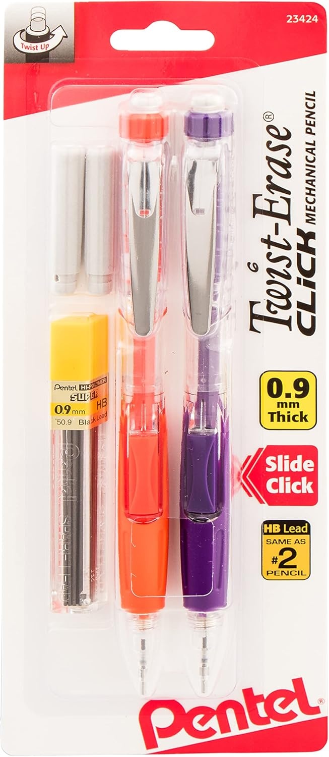 image:imagePentel Twist Erase Click Automatic Pencil with 2 Eraser Refills and Lead 09 mm Assorted Barrels Color May Vary 2 Pack PD279TLEBP2Assorted