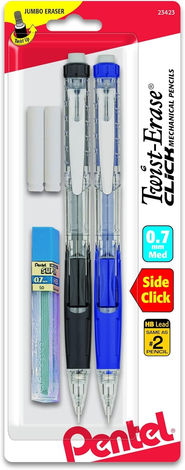 image:imagePentel Twist Erase Click Automatic Pencil with 2 Eraser Refills and Lead 09 mm Assorted Barrels Color May Vary 2 Pack PD279TLEBP2Assorted