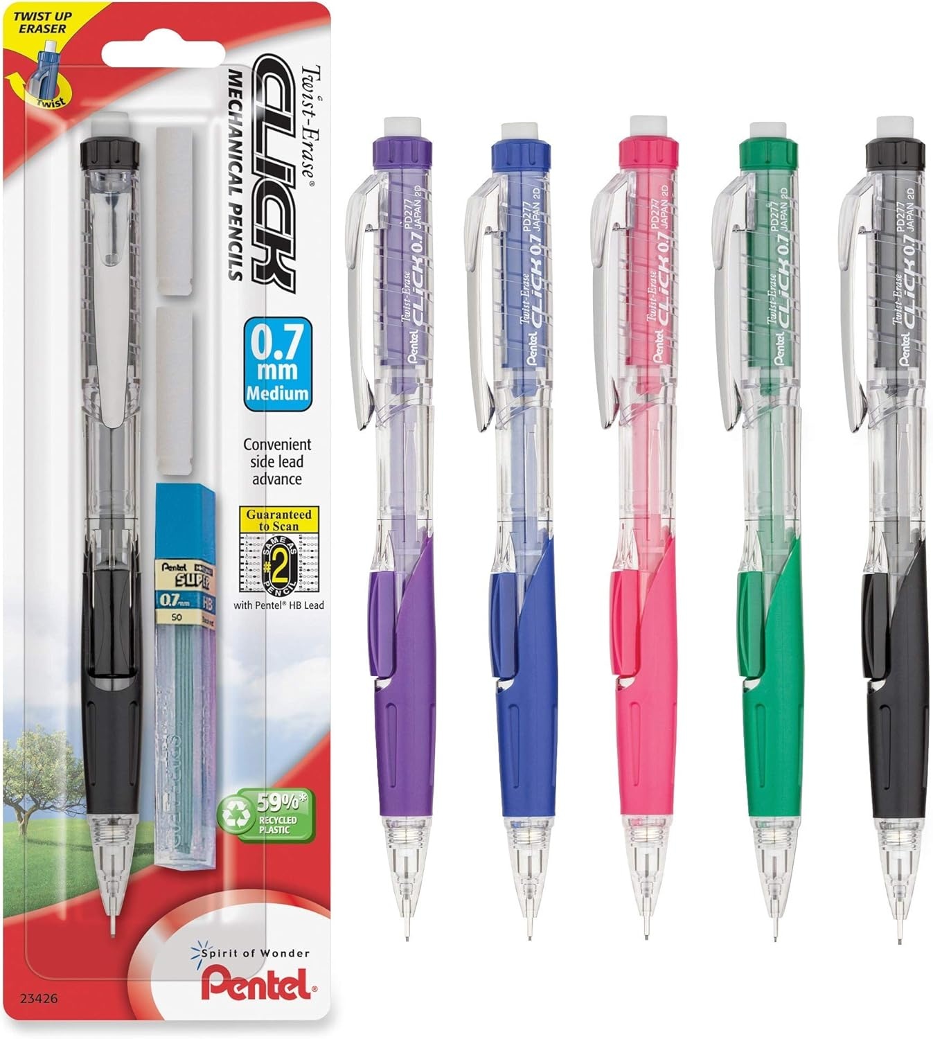 image:imagePentel Twist Erase Click Automatic Pencil with 2 Eraser Refills and Lead 09 mm Assorted Barrels Color May Vary 2 Pack PD279TLEBP2Assorted