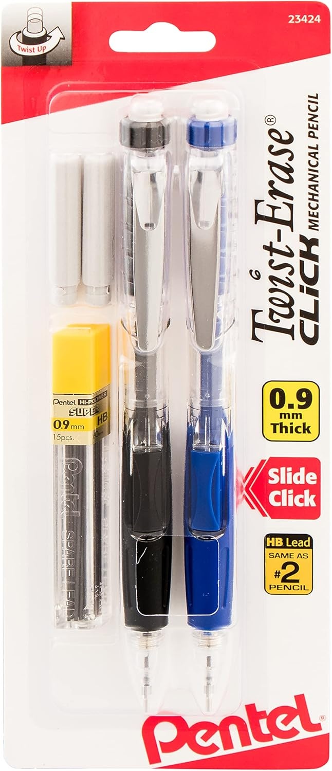image:imagePentel Twist Erase Click Automatic Pencil with 2 Eraser Refills and Lead 09 mm Assorted Barrels Color May Vary 2 Pack PD279TLEBP2Assorted