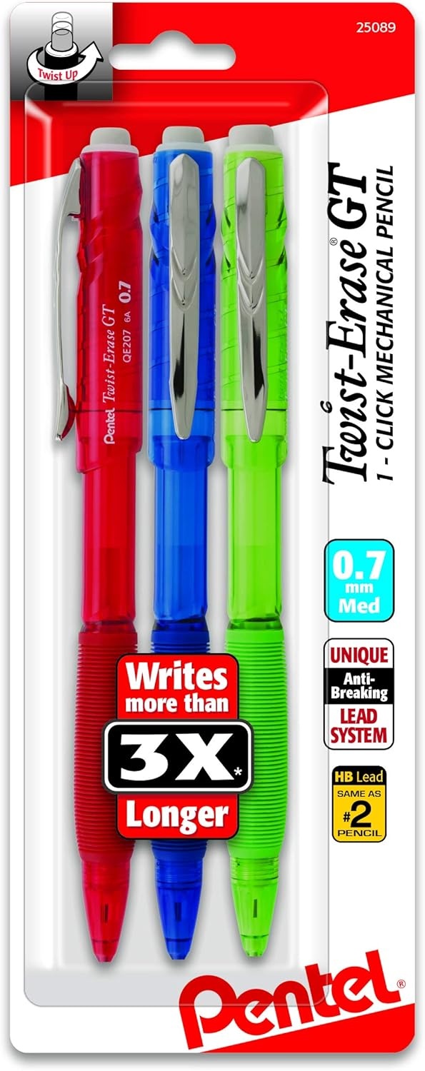 image:imagePentel TwistErase GT 07mm Mechanical Pencil Assorted Barrel Colors Color May Vary Pack of 3 QE207BP3M
