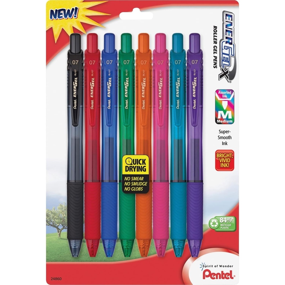image:imagePentel EnerGelX Colors Retractable Liquid Gel Pen 07mm Metal Tip Assorted Ink 8 Pack BL107CRBP8M
